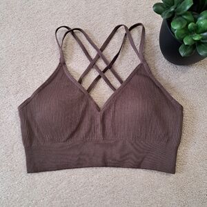 Aerie Bralette Seamless Strappy Bra Women's Large Brown Ribbed Bralette Lounge